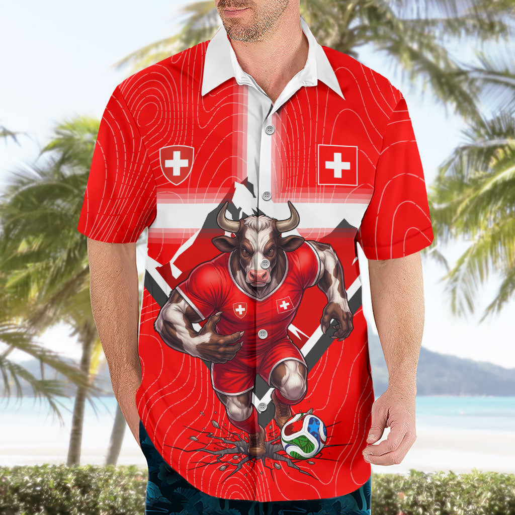 Personalized Switzerland Football Bull Mascot Hawaiian Shirt Swiss Flag And Alps Mountain Background With Muscular Bull Art