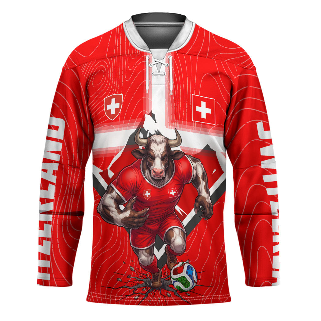 Personalized Switzerland Football Bull Mascot Hockey Jersey Swiss Flag And Alps Mountain Background With Muscular Bull Art