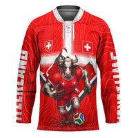 Personalized Switzerland Football Bull Mascot Hockey Jersey Swiss Flag And Alps Mountain Background With Muscular Bull Art