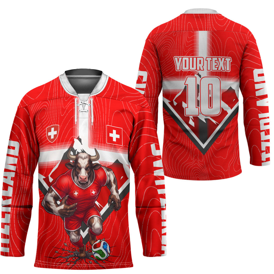 Personalized Switzerland Football Bull Mascot Hockey Jersey Swiss Flag And Alps Mountain Background With Muscular Bull Art