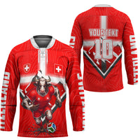 Personalized Switzerland Football Bull Mascot Hockey Jersey Swiss Flag And Alps Mountain Background With Muscular Bull Art
