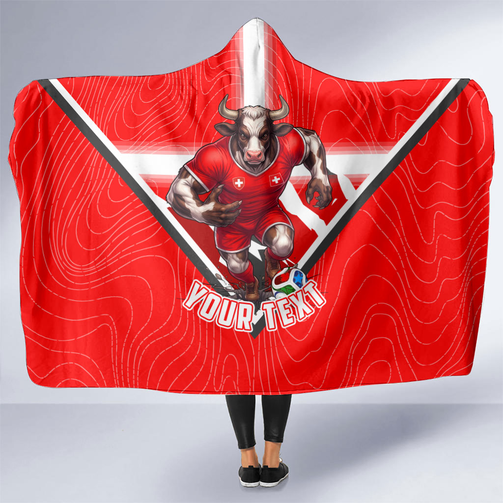Personalized Switzerland Football Bull Mascot Hooded Blanket Swiss Flag And Alps Mountain Background With Muscular Bull Art