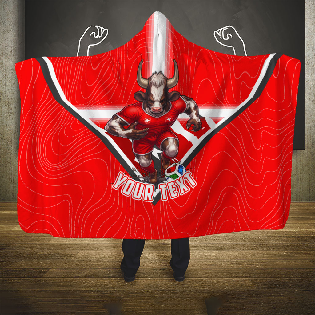 Personalized Switzerland Football Bull Mascot Hooded Blanket Swiss Flag And Alps Mountain Background With Muscular Bull Art