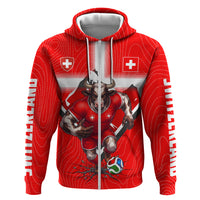 Personalized Switzerland Football Bull Mascot Hoodie Swiss Flag And Alps Mountain Background With Muscular Bull Art