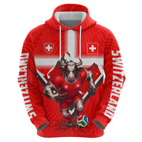 Personalized Switzerland Football Bull Mascot Hoodie Swiss Flag And Alps Mountain Background With Muscular Bull Art
