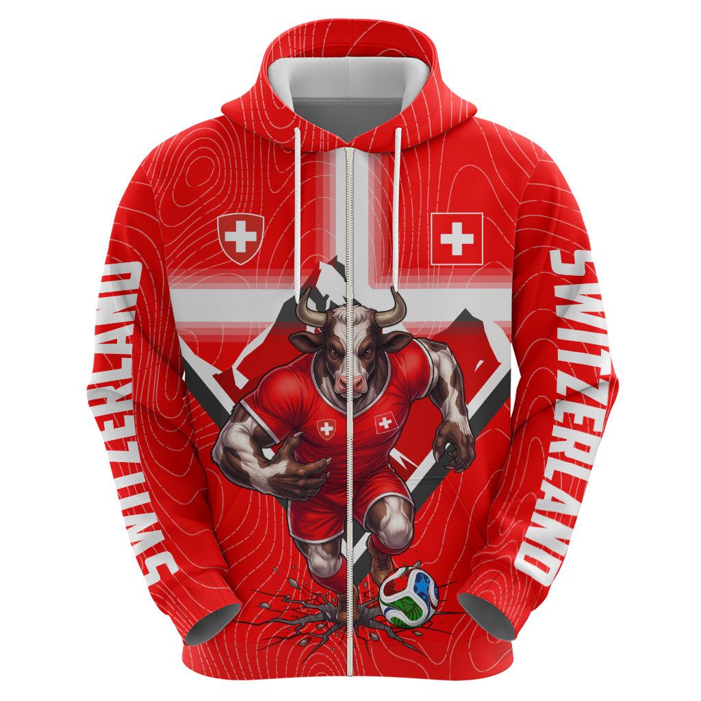 Personalized Switzerland Football Bull Mascot Hoodie Swiss Flag And Alps Mountain Background With Muscular Bull Art
