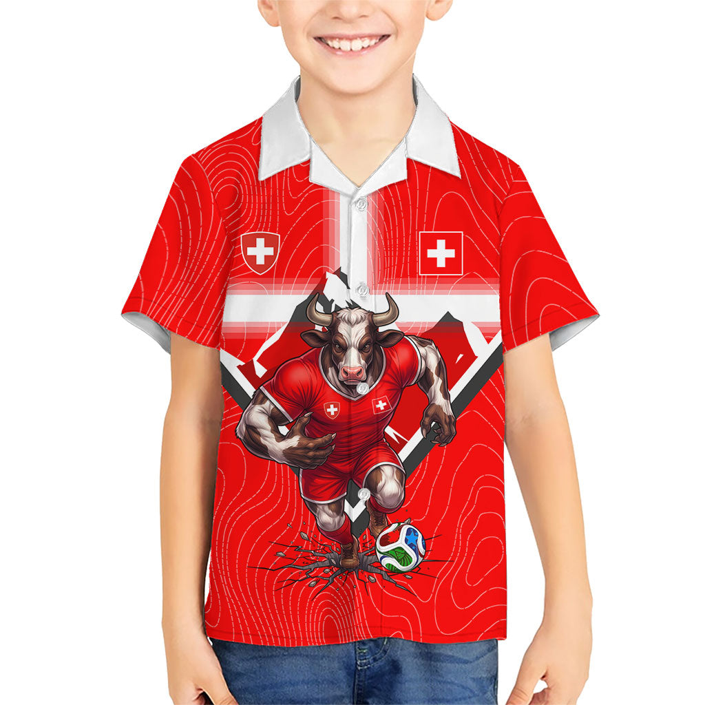 Personalized Switzerland Football Bull Mascot Kid Hawaiian Shirt Swiss Flag And Alps Mountain Background With Muscular Bull Art