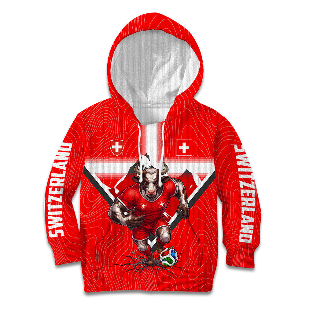 Personalized Switzerland Football Bull Mascot Kid Hoodie Swiss Flag And Alps Mountain Background With Muscular Bull Art
