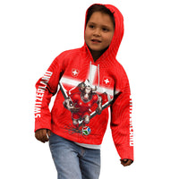 Personalized Switzerland Football Bull Mascot Kid Hoodie Swiss Flag And Alps Mountain Background With Muscular Bull Art