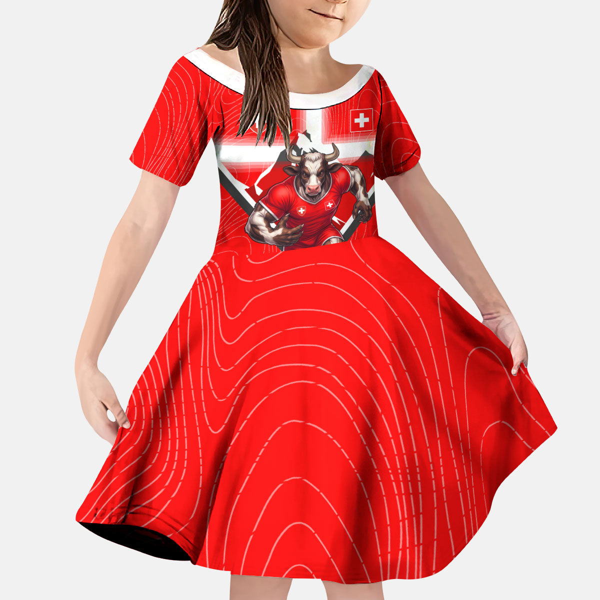 Personalized Switzerland Football Bull Mascot Kid Short Sleeve Dress Swiss Flag And Alps Mountain Background With Muscular Bull Art