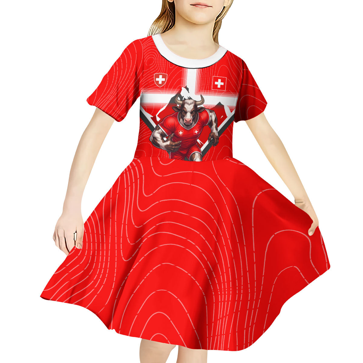 Personalized Switzerland Football Bull Mascot Kid Short Sleeve Dress Swiss Flag And Alps Mountain Background With Muscular Bull Art