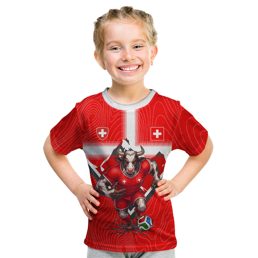 Personalized Switzerland Football Bull Mascot Kid T Shirt Swiss Flag And Alps Mountain Background With Muscular Bull Art
