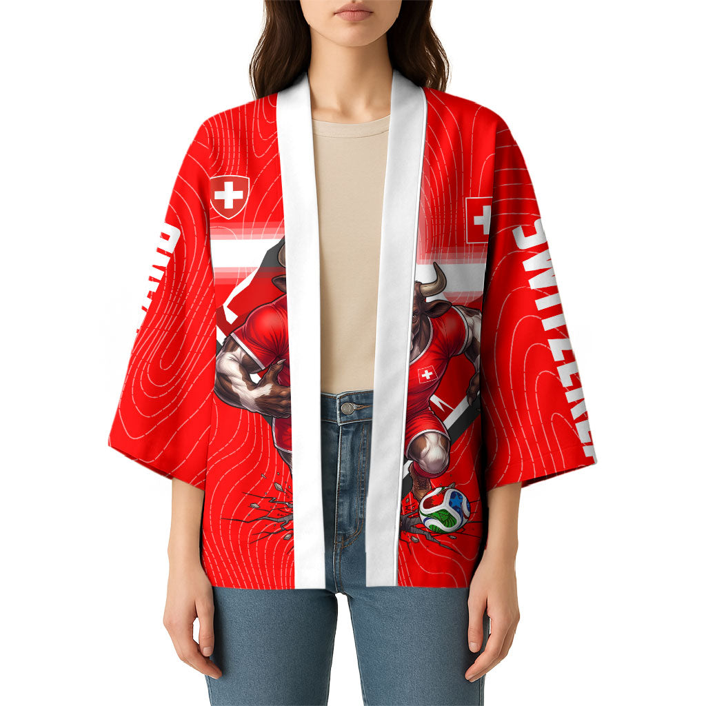 Personalized Switzerland Football Bull Mascot Kimono Swiss Flag And Alps Mountain Background With Muscular Bull Art