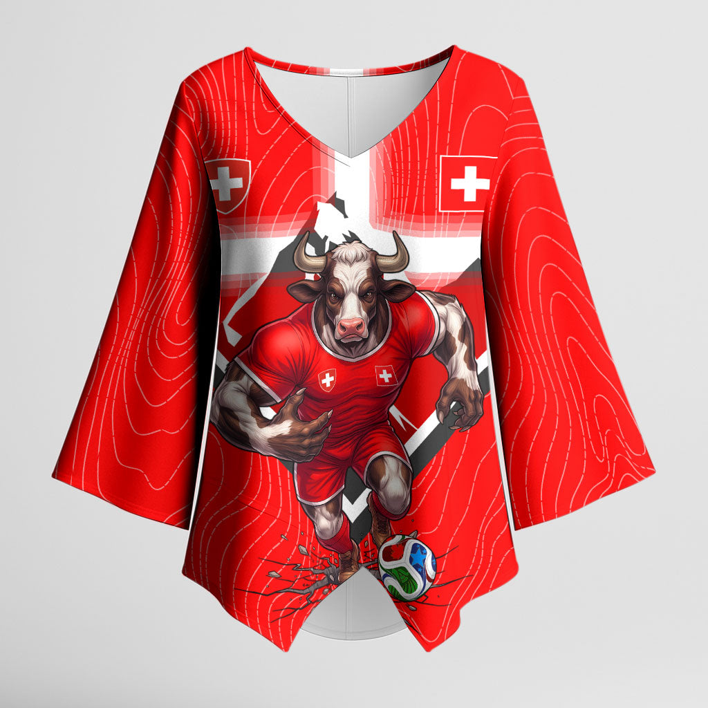 Personalized Switzerland Football Bull Mascot Kimono Sleeve Blouse Swiss Flag And Alps Mountain Background With Muscular Bull Art