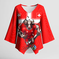 Personalized Switzerland Football Bull Mascot Kimono Sleeve Blouse Swiss Flag And Alps Mountain Background With Muscular Bull Art