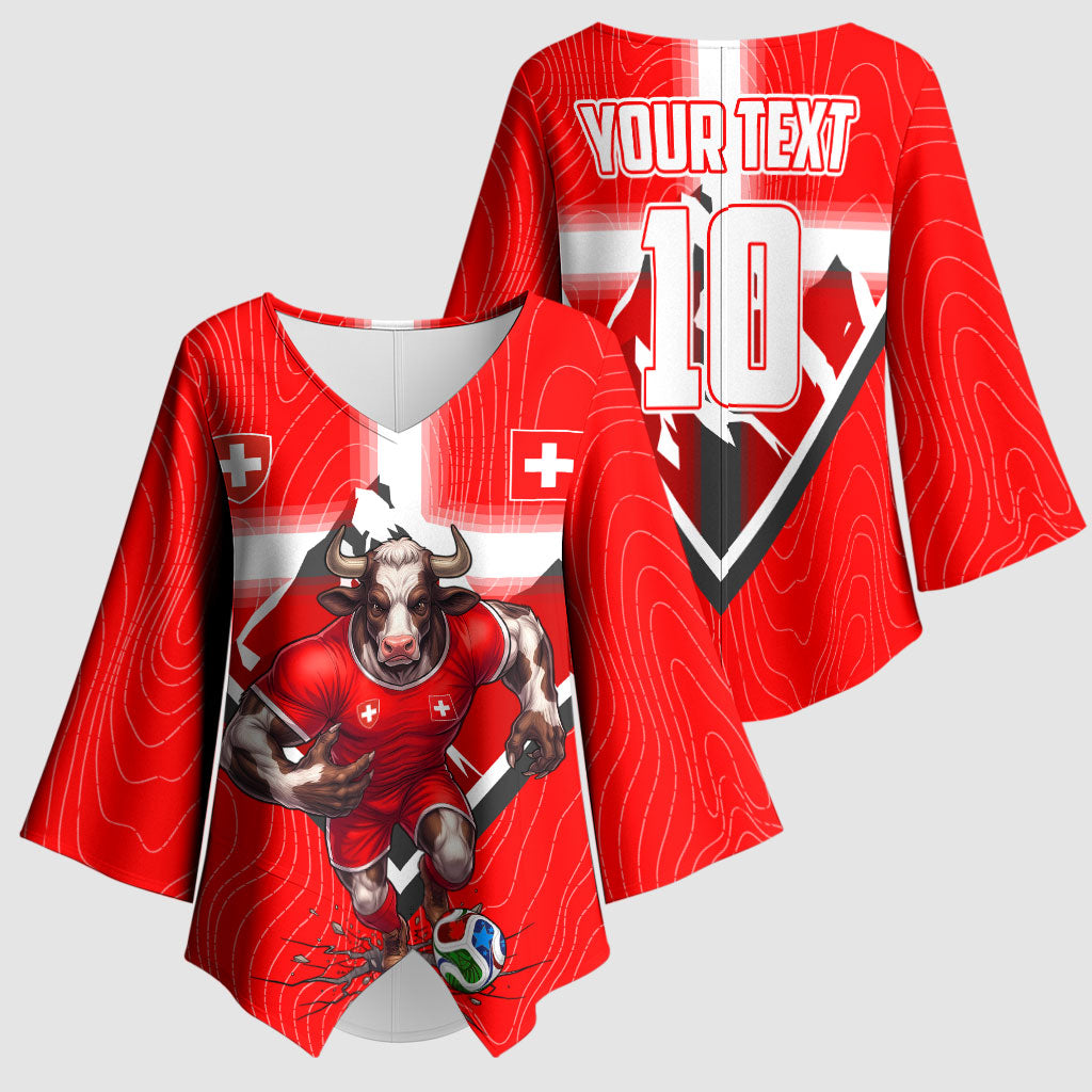 Personalized Switzerland Football Bull Mascot Kimono Sleeve Blouse Swiss Flag And Alps Mountain Background With Muscular Bull Art