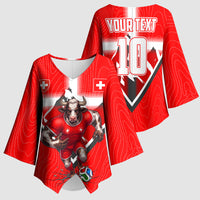 Personalized Switzerland Football Bull Mascot Kimono Sleeve Blouse Swiss Flag And Alps Mountain Background With Muscular Bull Art