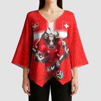Personalized Switzerland Football Bull Mascot Kimono Sleeve Blouse Swiss Flag And Alps Mountain Background With Muscular Bull Art