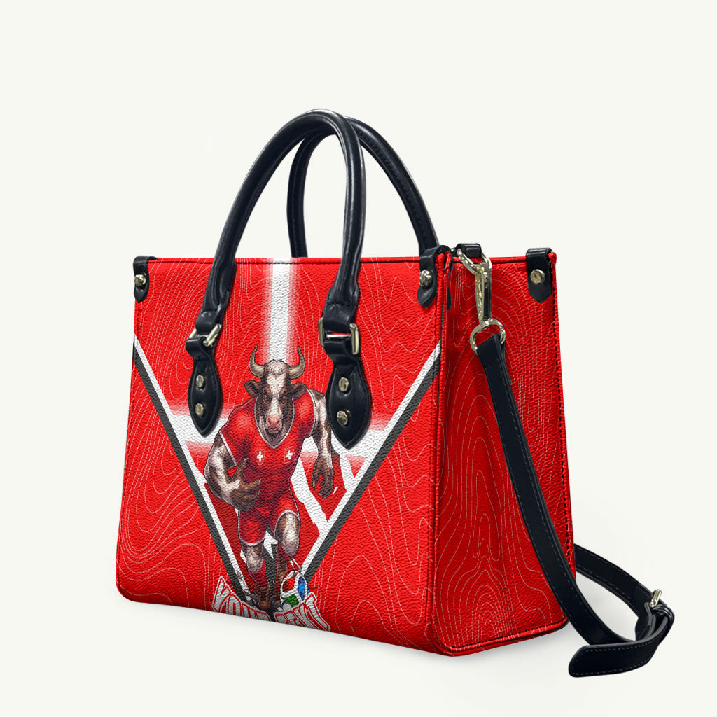 Personalized Switzerland Football Bull Mascot Leather Bag Swiss Flag And Alps Mountain Background With Muscular Bull Art