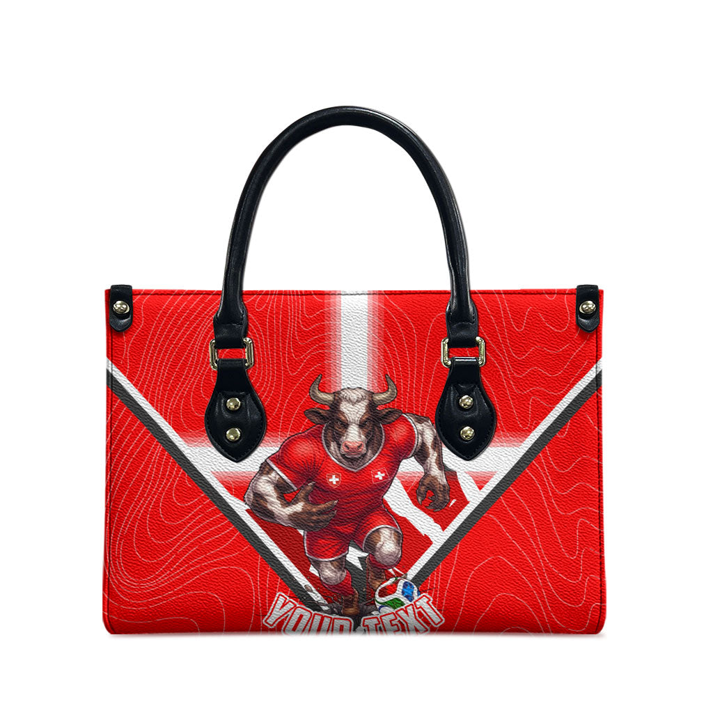 Personalized Switzerland Football Bull Mascot Leather Bag Swiss Flag And Alps Mountain Background With Muscular Bull Art