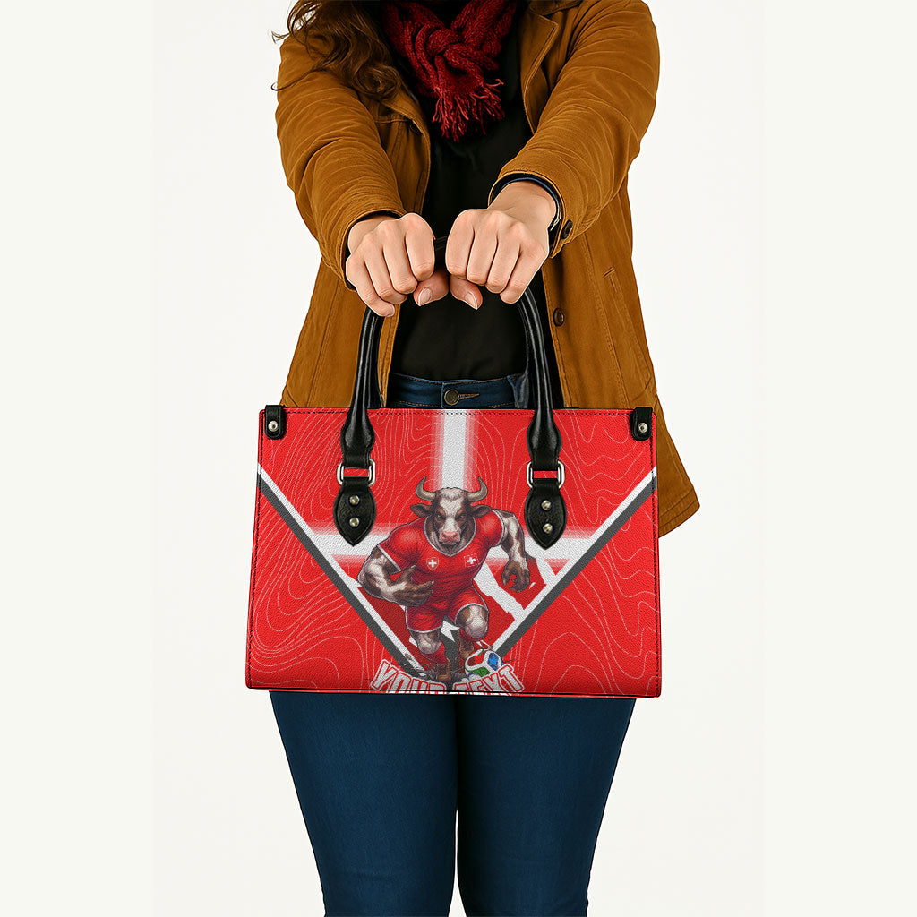 Personalized Switzerland Football Bull Mascot Leather Bag Swiss Flag And Alps Mountain Background With Muscular Bull Art