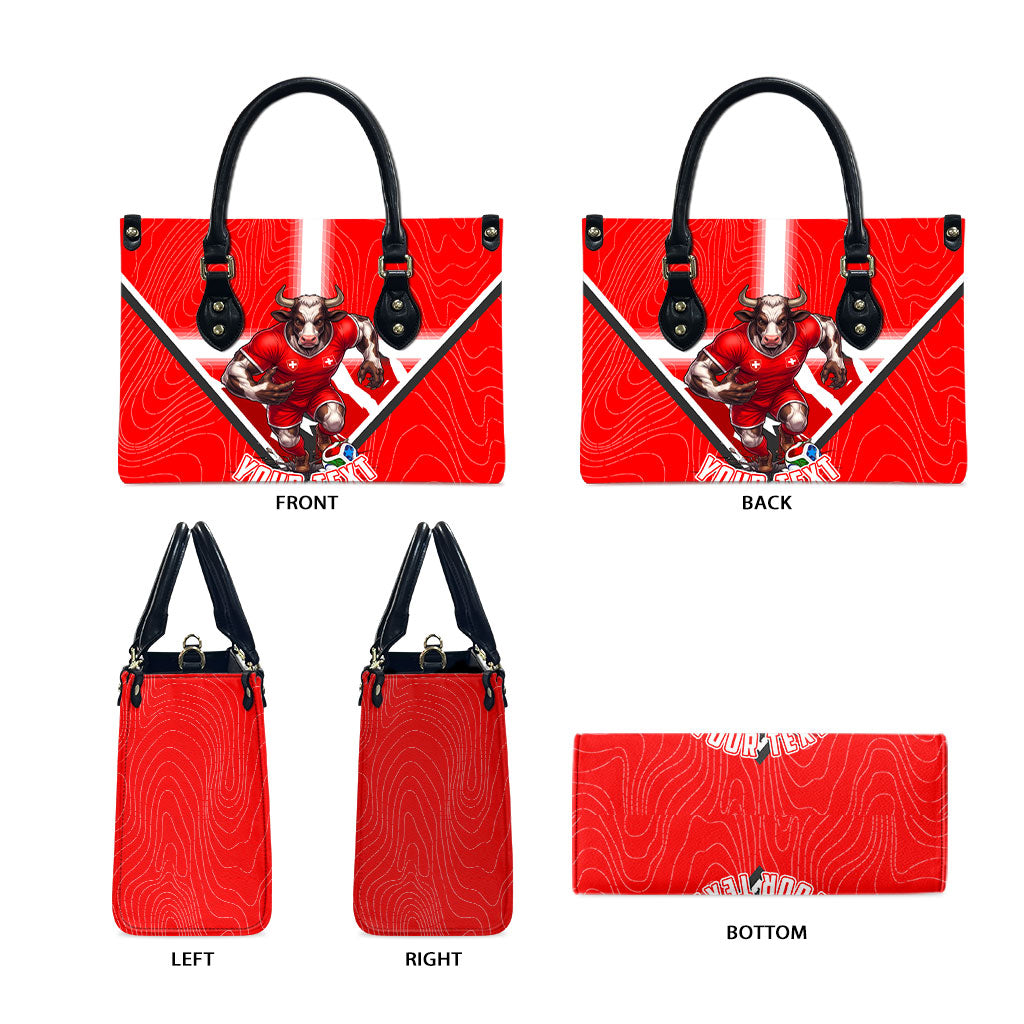 Personalized Switzerland Football Bull Mascot Leather Bag Swiss Flag And Alps Mountain Background With Muscular Bull Art