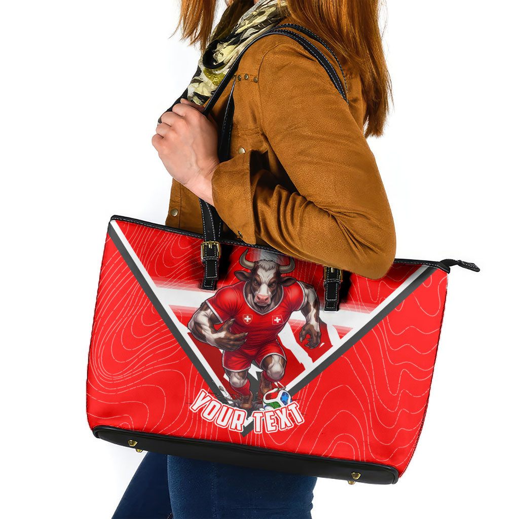 Personalized Switzerland Football Bull Mascot Leather Tote Bag Swiss Flag And Alps Mountain Background With Muscular Bull Art