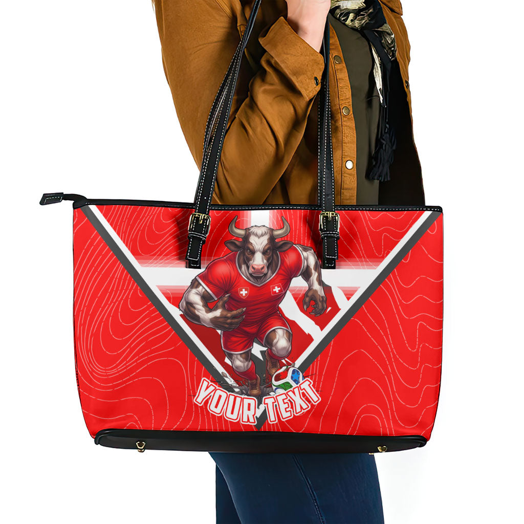 Personalized Switzerland Football Bull Mascot Leather Tote Bag Swiss Flag And Alps Mountain Background With Muscular Bull Art