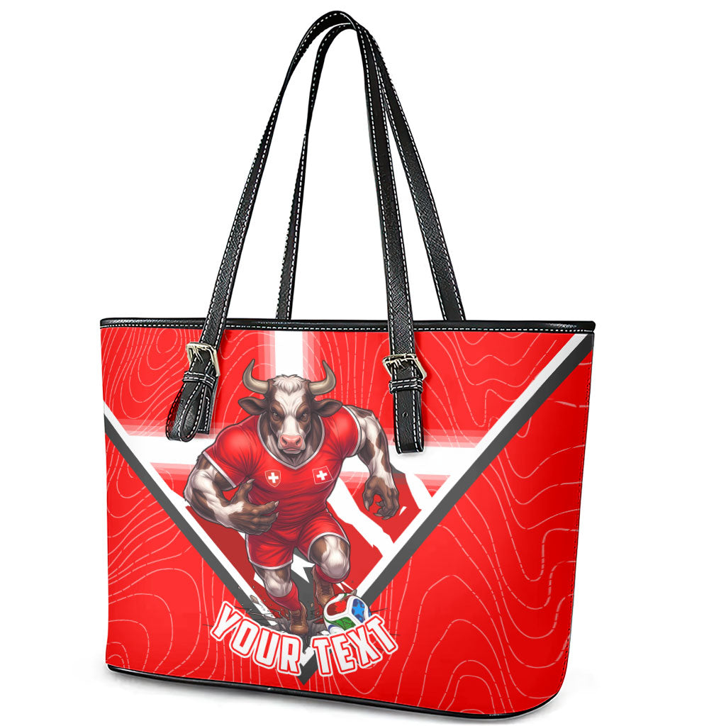 Personalized Switzerland Football Bull Mascot Leather Tote Bag Swiss Flag And Alps Mountain Background With Muscular Bull Art