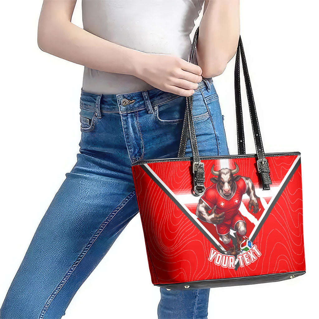 Personalized Switzerland Football Bull Mascot Leather Tote Bag Swiss Flag And Alps Mountain Background With Muscular Bull Art