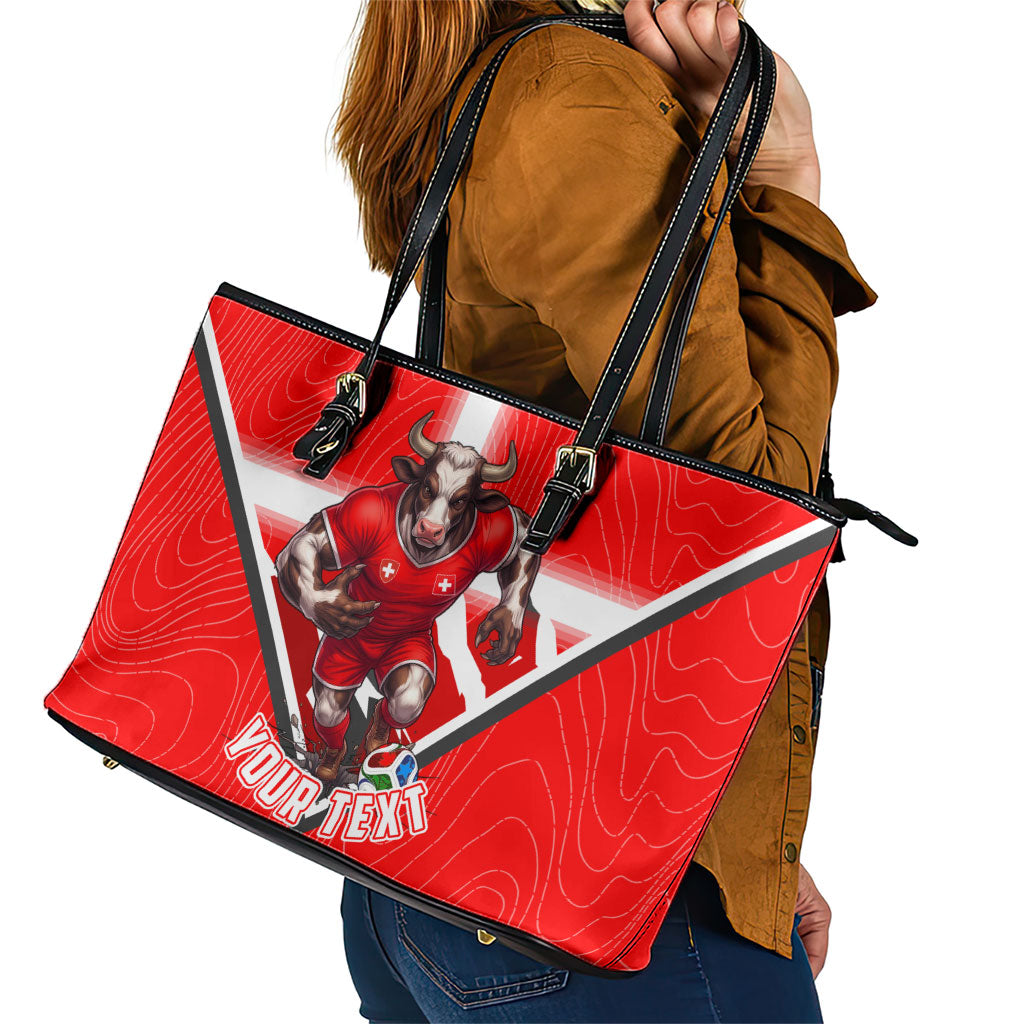 Personalized Switzerland Football Bull Mascot Leather Tote Bag Swiss Flag And Alps Mountain Background With Muscular Bull Art