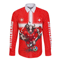 Personalized Switzerland Football Bull Mascot Long Sleeve Button Shirt Swiss Flag And Alps Mountain Background With Muscular Bull Art