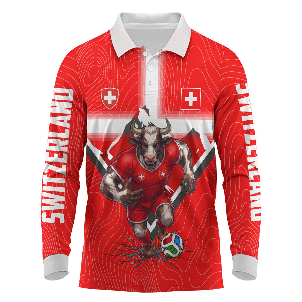 Personalized Switzerland Football Bull Mascot Long Sleeve Polo Shirt Swiss Flag And Alps Mountain Background With Muscular Bull Art