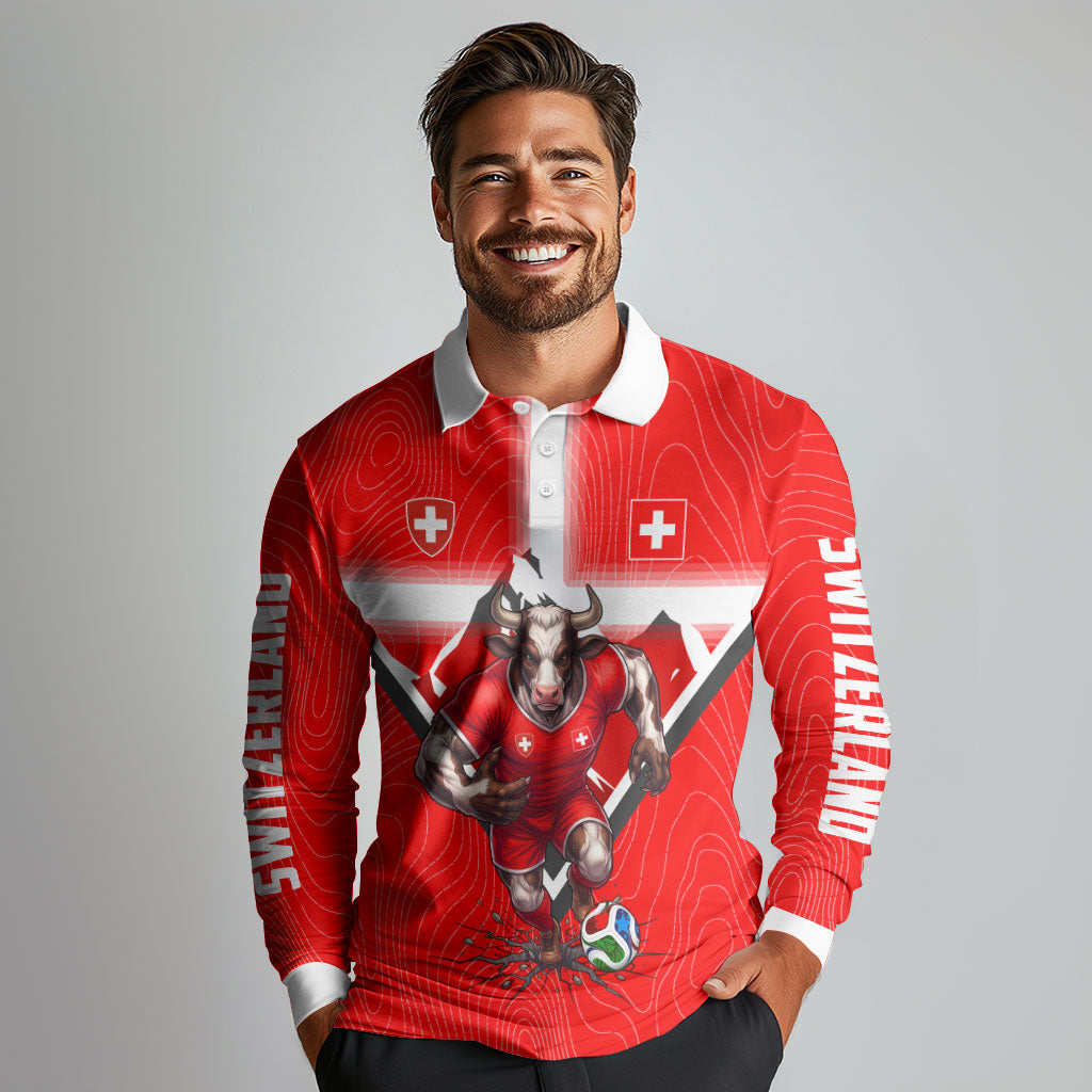 Personalized Switzerland Football Bull Mascot Long Sleeve Polo Shirt Swiss Flag And Alps Mountain Background With Muscular Bull Art