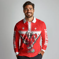 Personalized Switzerland Football Bull Mascot Long Sleeve Polo Shirt Swiss Flag And Alps Mountain Background With Muscular Bull Art