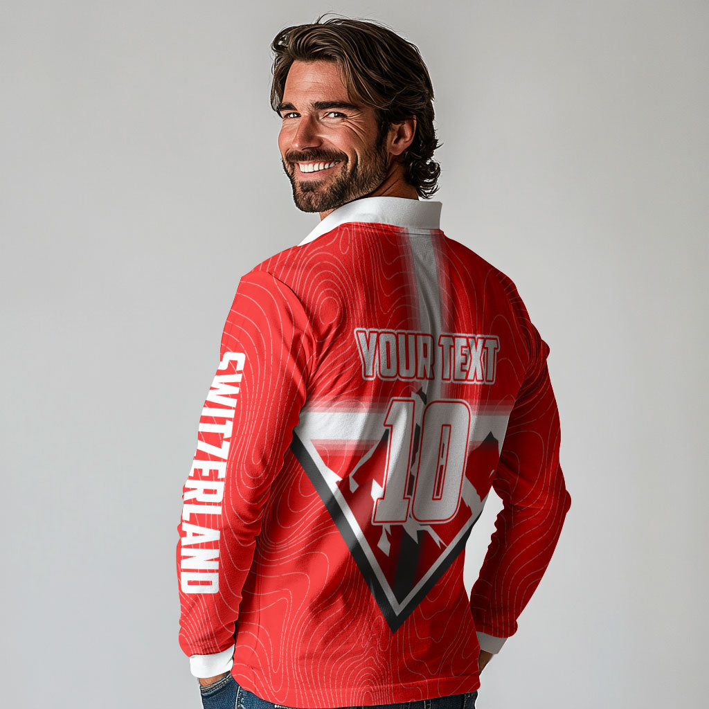 Personalized Switzerland Football Bull Mascot Long Sleeve Polo Shirt Swiss Flag And Alps Mountain Background With Muscular Bull Art