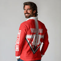 Personalized Switzerland Football Bull Mascot Long Sleeve Polo Shirt Swiss Flag And Alps Mountain Background With Muscular Bull Art