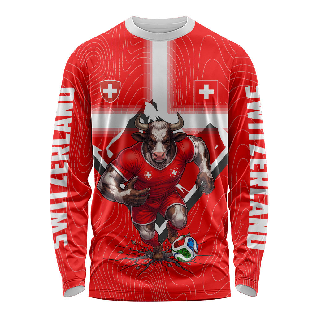 Personalized Switzerland Football Bull Mascot Long Sleeve Shirt Swiss Flag And Alps Mountain Background With Muscular Bull Art
