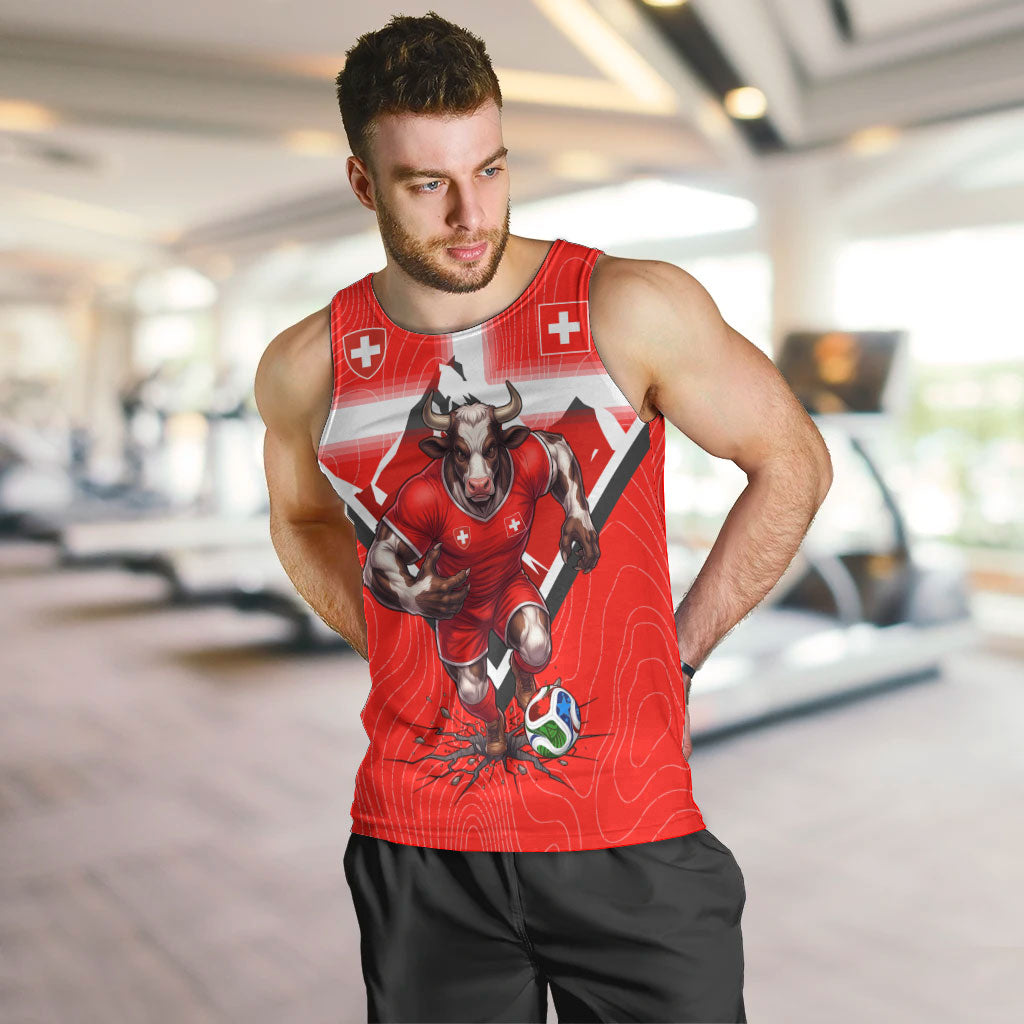 Personalized Switzerland Football Bull Mascot Men Tank Top Swiss Flag And Alps Mountain Background With Muscular Bull Art