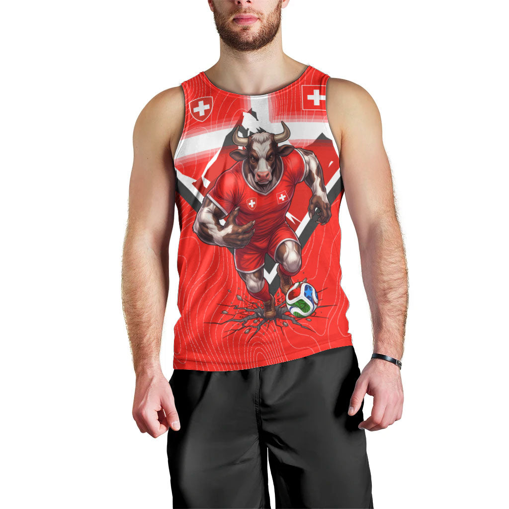 Personalized Switzerland Football Bull Mascot Men Tank Top Swiss Flag And Alps Mountain Background With Muscular Bull Art