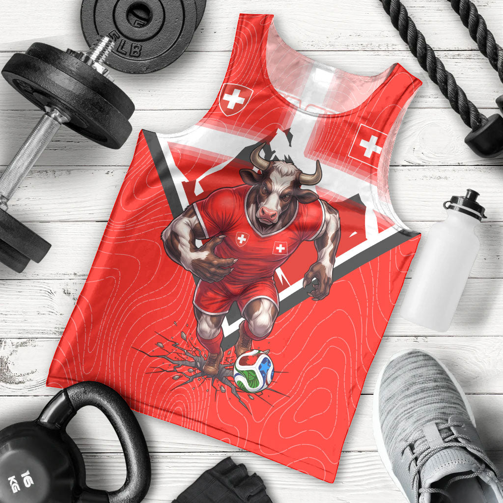 Personalized Switzerland Football Bull Mascot Men Tank Top Swiss Flag And Alps Mountain Background With Muscular Bull Art