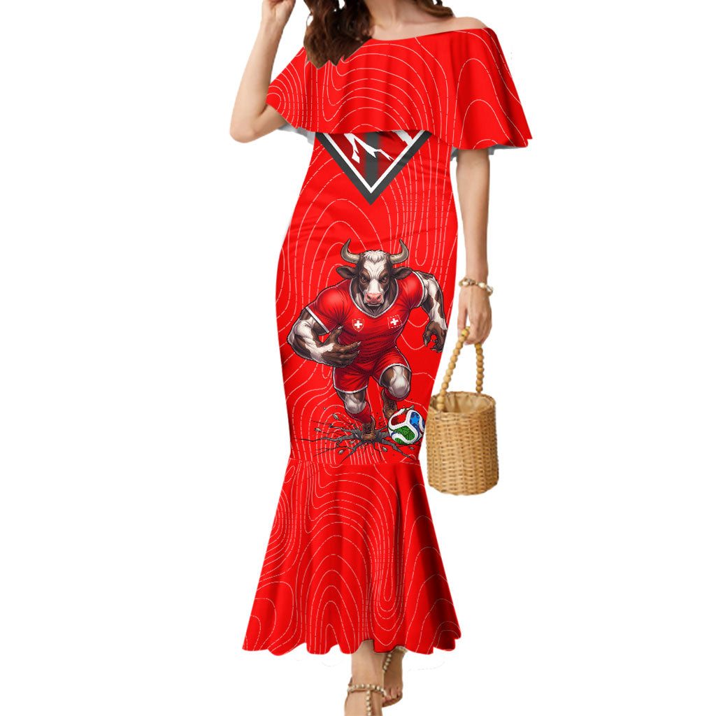 Personalized Switzerland Football Bull Mascot Mermaid Dress Swiss Flag And Alps Mountain Background With Muscular Bull Art