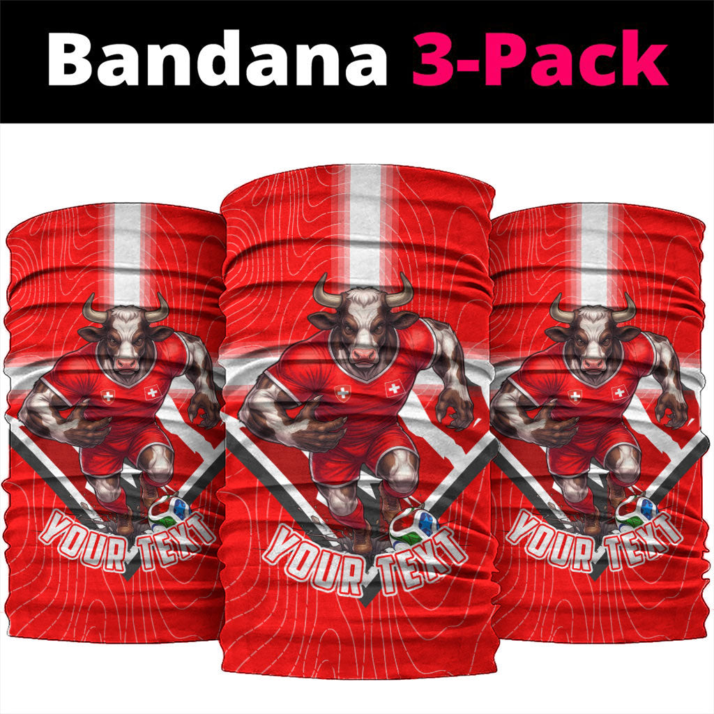 Personalized Switzerland Football Bull Mascot Neck Gaiter Swiss Flag And Alps Mountain Background With Muscular Bull Art