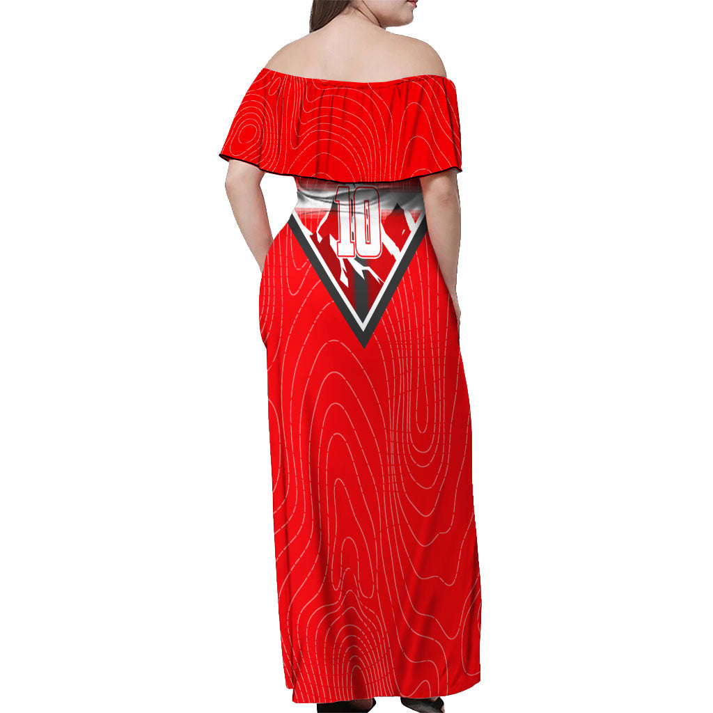 Personalized Switzerland Football Bull Mascot Off Shoulder Maxi Dress Swiss Flag And Alps Mountain Background With Muscular Bull Art