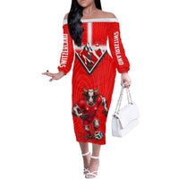 Personalized Switzerland Football Bull Mascot Off The Shoulder Long Sleeve Dress Swiss Flag And Alps Mountain Background With Muscular Bull Art