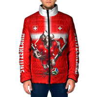 Personalized Switzerland Football Bull Mascot Padded Jacket Swiss Flag And Alps Mountain Background With Muscular Bull Art
