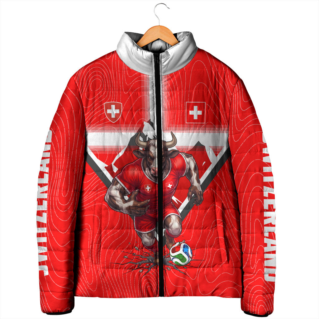 Personalized Switzerland Football Bull Mascot Padded Jacket Swiss Flag And Alps Mountain Background With Muscular Bull Art