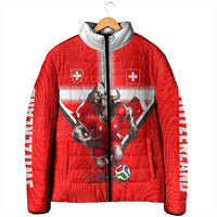 Personalized Switzerland Football Bull Mascot Padded Jacket Swiss Flag And Alps Mountain Background With Muscular Bull Art