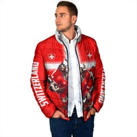 Personalized Switzerland Football Bull Mascot Padded Jacket Swiss Flag And Alps Mountain Background With Muscular Bull Art