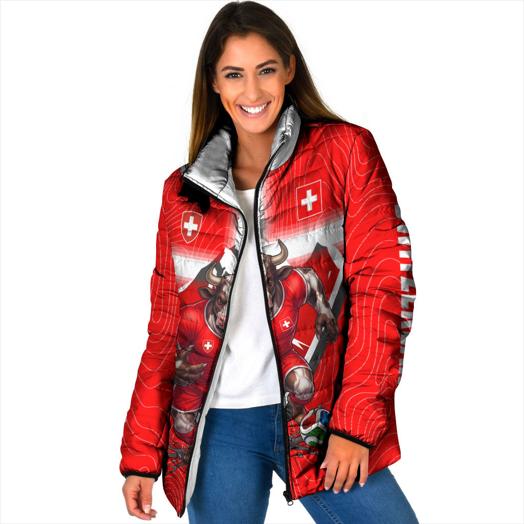 Personalized Switzerland Football Bull Mascot Padded Jacket Swiss Flag And Alps Mountain Background With Muscular Bull Art